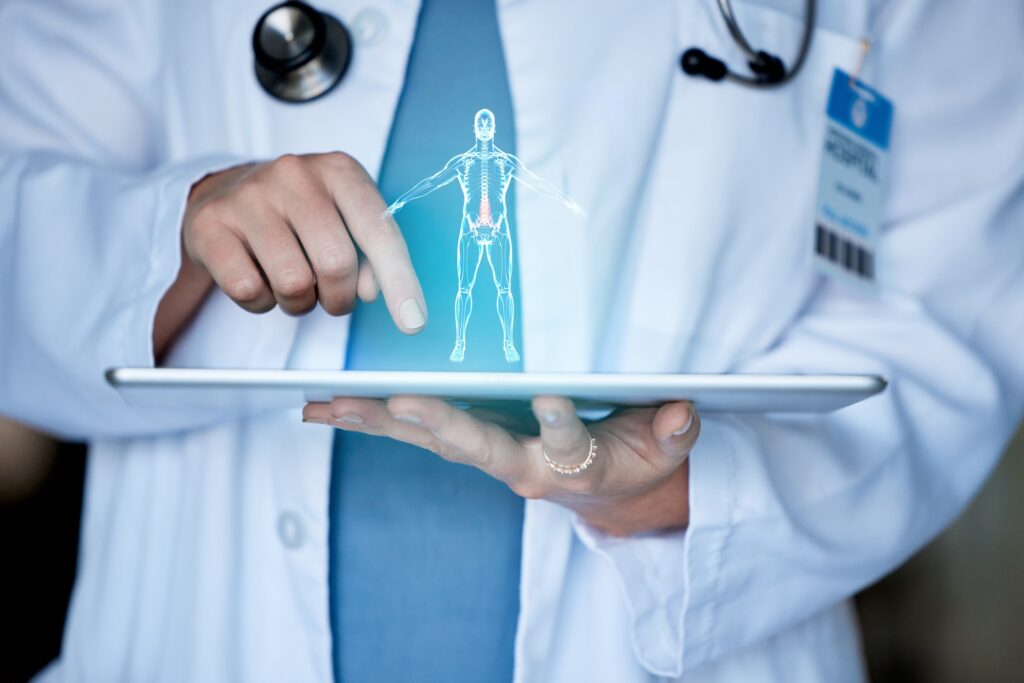 Doctor hands, tablet and body hologram for 3d analysis, healthcare and future medical development.